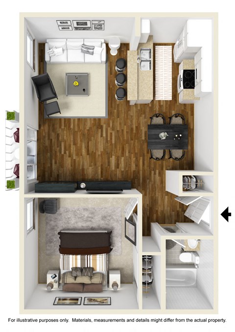 Floor plan for 1 bed, 1 bath, 670 sqft