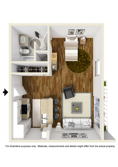 Floor plan for studio, 1 bath, 512 sqft