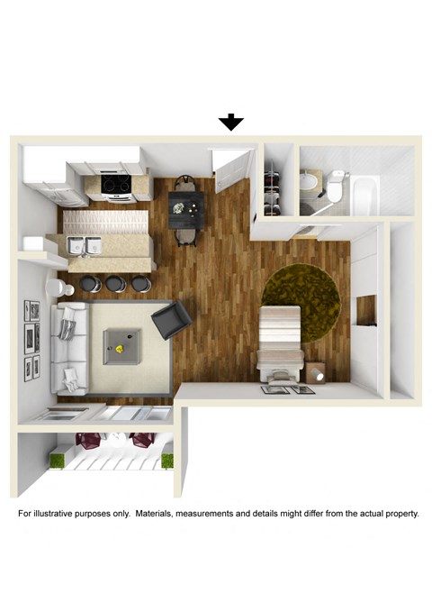 Floor plan for studio, 1 bath, 522 sqft