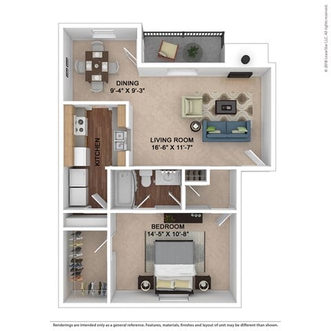 Floor plan for 1 bed, 1 bath, 748 sqft