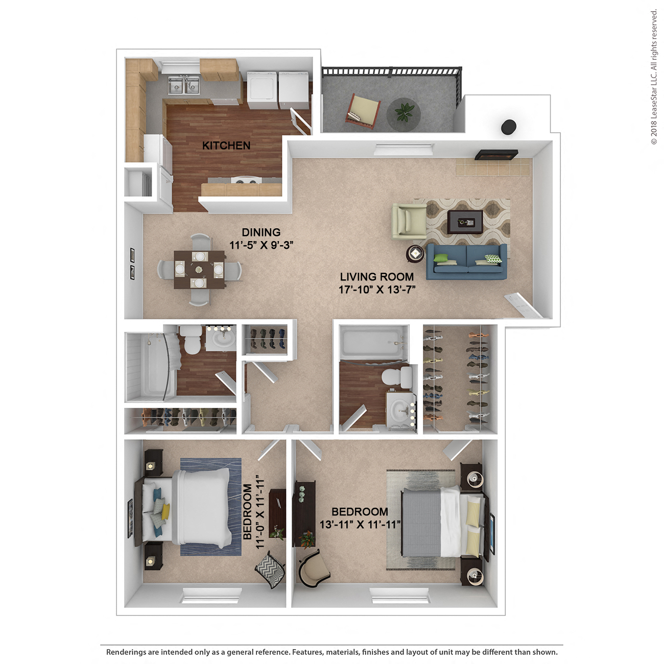 Floor plan for 2 beds, 2 baths, 1070 sqft