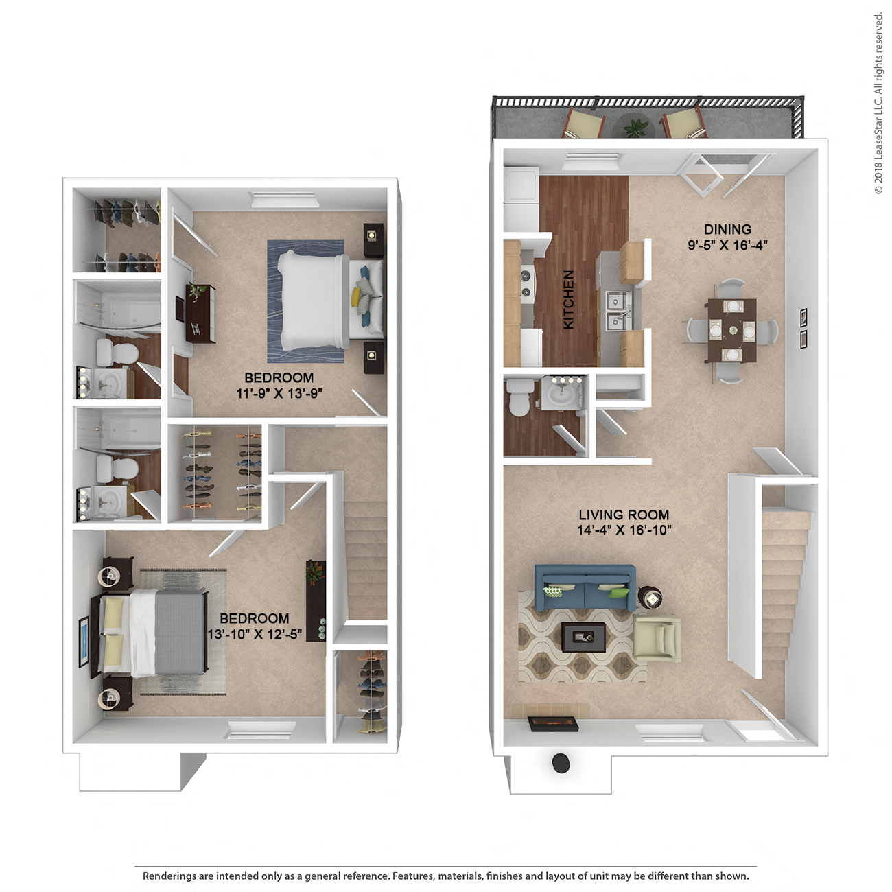 Floor plan for 2 beds, 2.5 baths, 1360 sqft