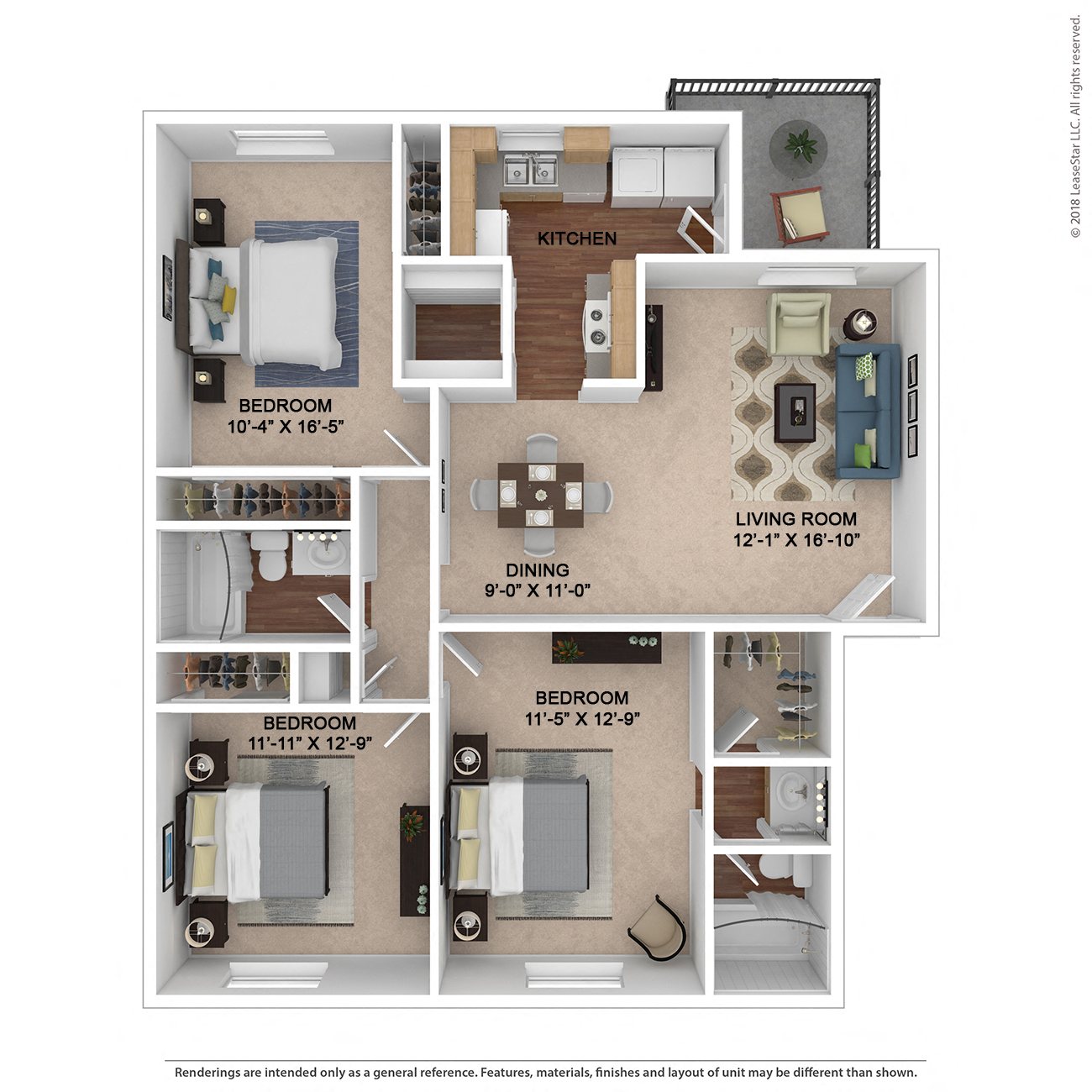 Floor plan for 3 beds, 2 baths, 1252 sqft