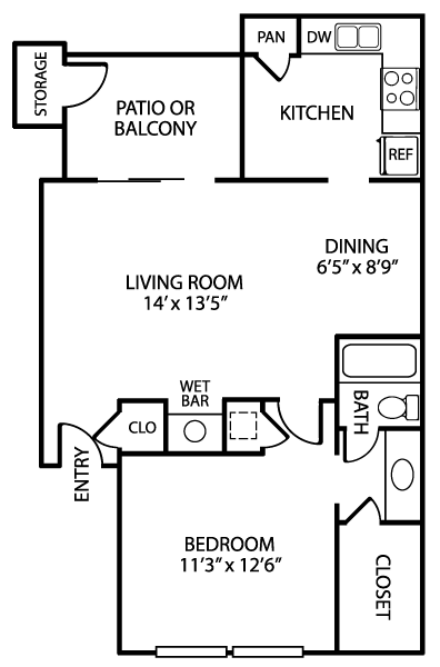 Floor plan for 1 bed, 1 bath, 714 sqft