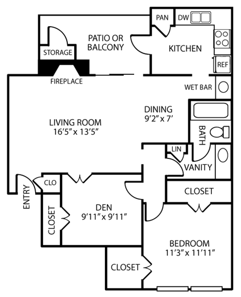 Floor plan for 1 bed, 1 bath, 897 sqft