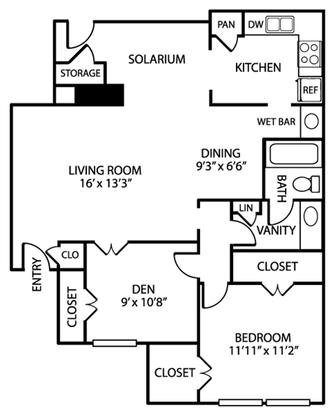 Floor plan for 1 bed, 1 bath, 997 sqft
