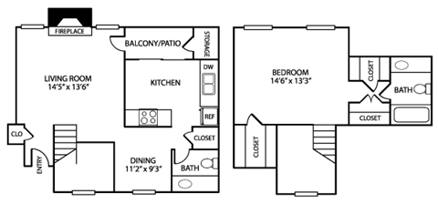 Floor plan for 1 bed, 1 bath, 1008 sqft