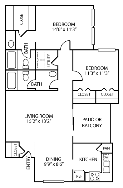 Floor plan for 2 beds, 2 baths, 1080 sqft