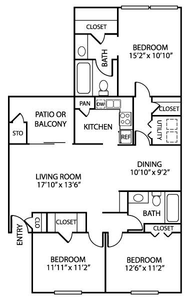 Floor plan for 3 beds, 2 baths, 1321 sqft