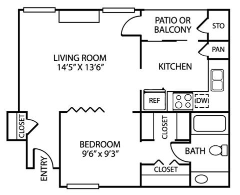Floor plan for 1 bed, 1 bath, 597 sqft