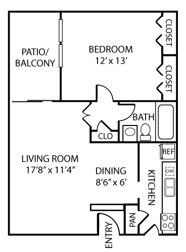 Floor plan for 1 bed, 1 bath, 628 sqft