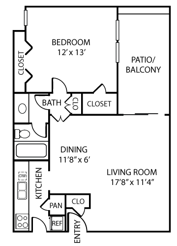 Floor plan for 1 bed, 1 bath, 692 sqft