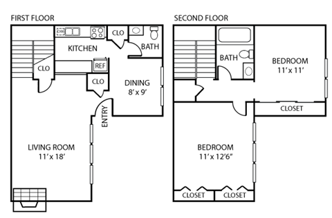 Floor plan for 2 beds, 1 bath, 1008 sqft