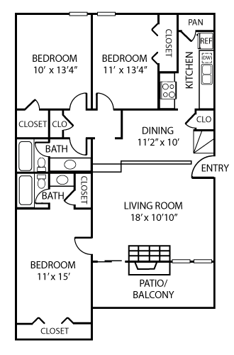 Floor plan for 3 beds, 2 baths, 1248 sqft