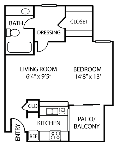 Floor plan for studio, 1 bath, 519 sqft