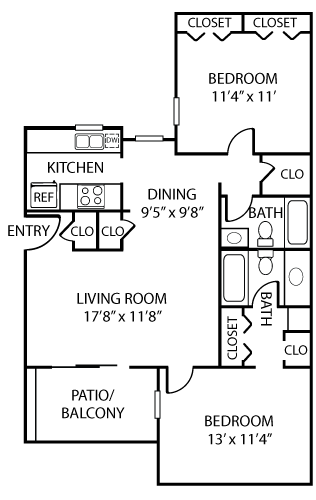 Floor plan for 2 beds, 2 baths, 934 sqft
