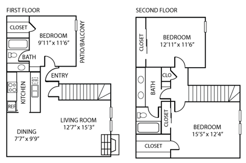 Floor plan for 3 beds, 2 baths, 1302 sqft