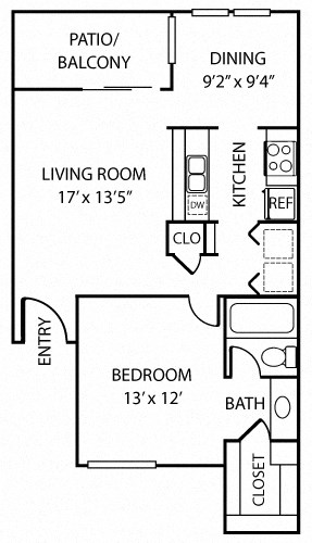 Floor plan for 1 bed, 1 bath, 759 sqft