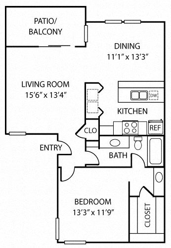 Floor plan for 1 bed, 1 bath, 890 sqft