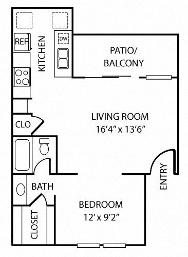 Floor plan for 1 bed, 1 bath, 602 sqft