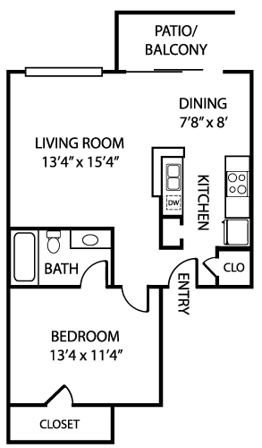 Floor plan for 1 bed, 1 bath, 674 sqft