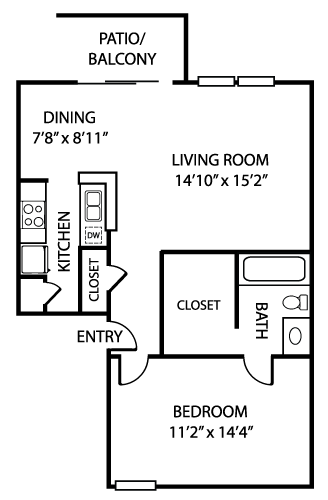 Floor plan for 1 bed, 1 bath, 751 sqft