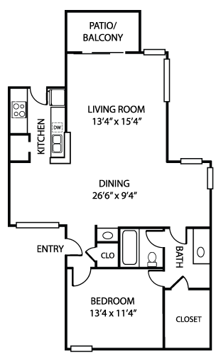 Floor plan for 1 bed, 1 bath, 913 sqft