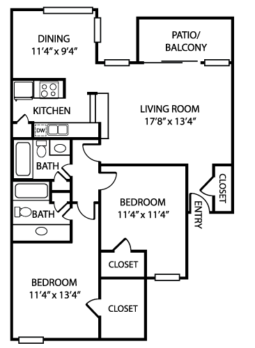 Floor plan for 2 beds, 2 baths, 1060 sqft