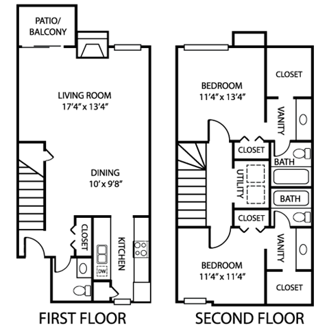 Floor plan for 2 beds, 2 baths, 1254 sqft