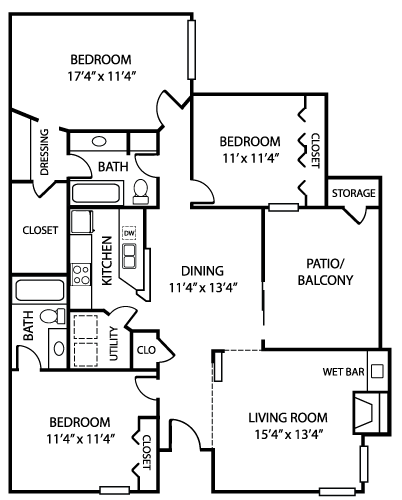 Floor plan for 3 beds, 2 baths, 1361 sqft