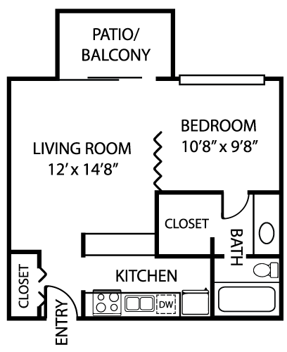 Floor plan for 1 bed, 1 bath, 506 sqft