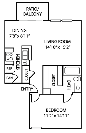 Floor plan for 1 bed, 1 bath, 751 sqft