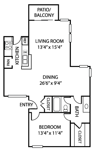 Floor plan for 1 bed, 1 bath, 913 sqft