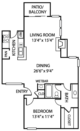 Floor plan for 1 bed, 1 bath, 913 sqft