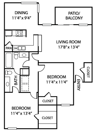 Floor plan for 2 beds, 1 bath, 1060 sqft