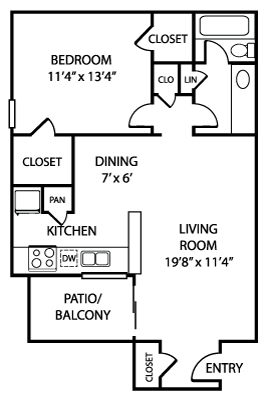 Floor plan for 1 bed, 1 bath, 716 sqft