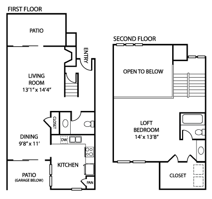 Floor plan for 1 bed, 1 bath, 969 sqft