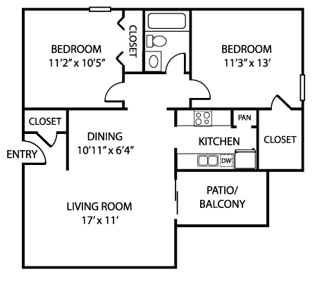 Floor plan for 2 beds, 1 bath, 810 sqft