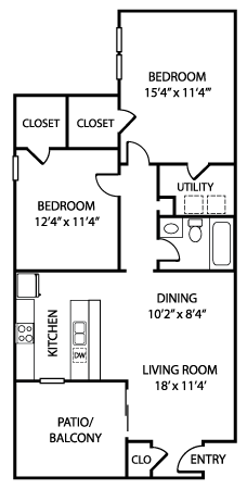 Floor plan for 2 beds, 1 bath, 980 sqft