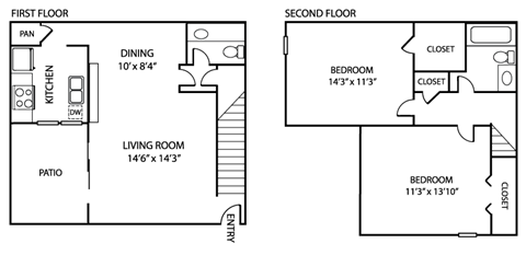 Floor plan for 2 beds, 1 bath, 1080 sqft