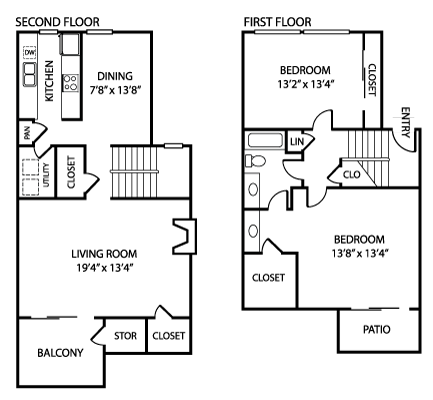 Floor plan for 2 beds, 1 bath, 1238 sqft