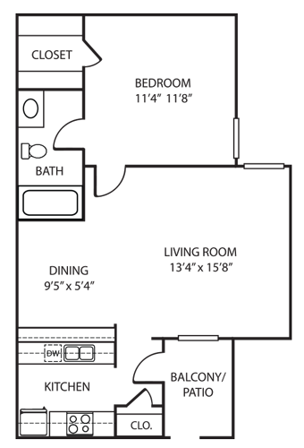Floor plan for 1 bed, 1 bath, 601 sqft