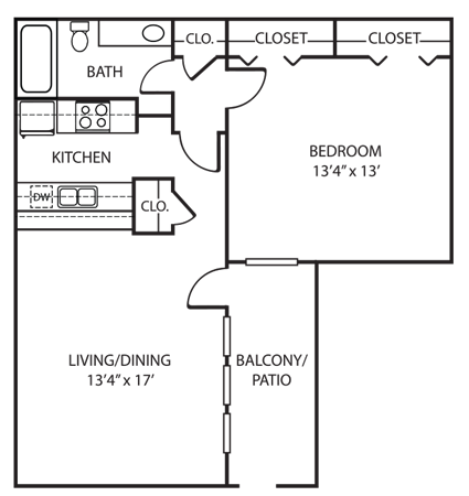 Floor plan for 1 bed, 1 bath, 662 sqft