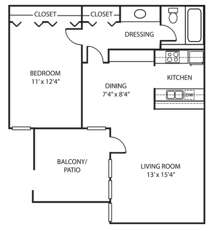 Floor plan for 1 bed, 1 bath, 694 sqft