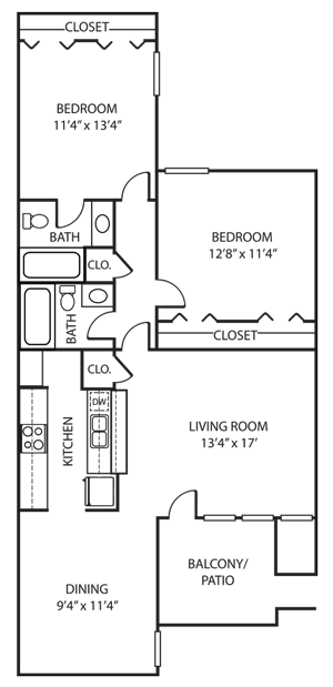 Floor plan for 2 beds, 2 baths, 1065 sqft