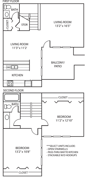 Floor plan for 2 beds, 1 bath, 1125 sqft