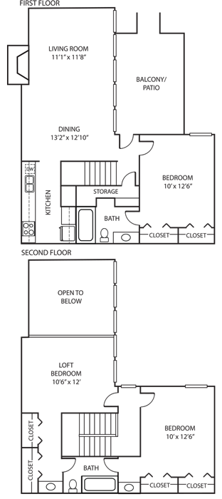 Floor plan for 3 beds, 2 baths, 1245 sqft