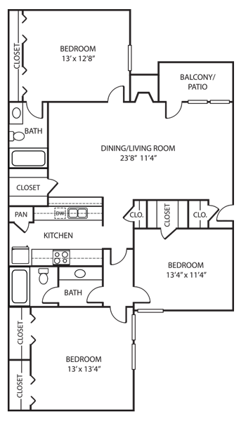 Floor plan for 3 beds, 2 baths, 1286 sqft