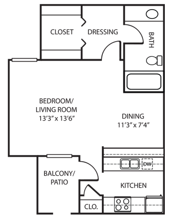 Floor plan for 1 bed, 1 bath, 530 sqft