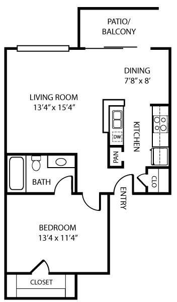 Floor plan for 1 bed, 1 bath, 674 sqft
